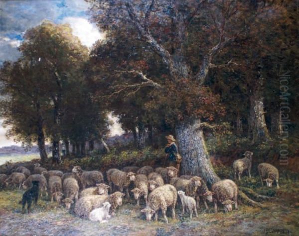 Bergere Et Ses Moutons Oil Painting by James Desvarreux-Larpenteur