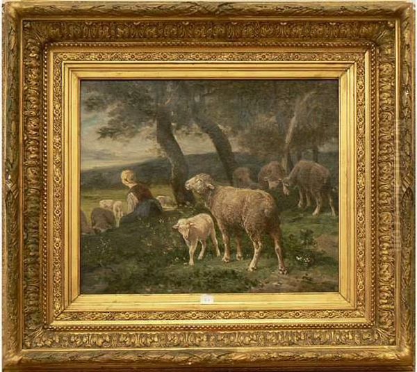 Bergere Et Ses Moutons Oil Painting by James Desvarreux-Larpenteur