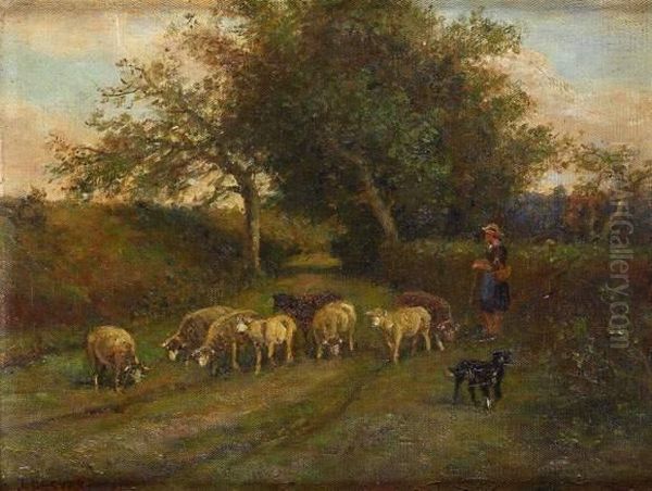 Bergere Et Ses Moutons Oil Painting by James Desvarreux-Larpenteur