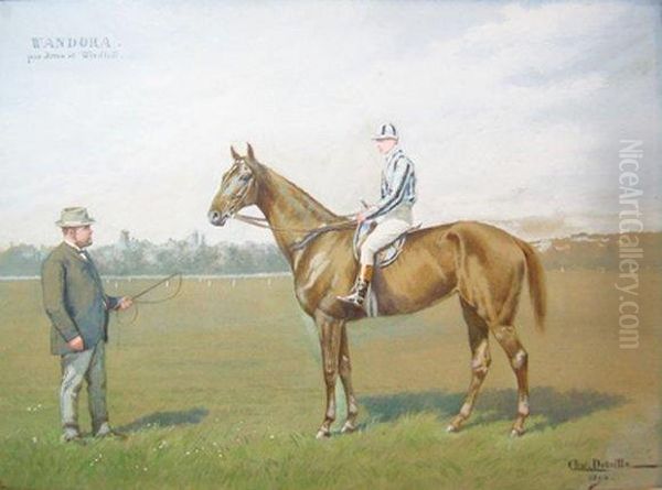 Le Cheval Wandora Avec Son Proprietaire Et Son Jockey Oil Painting by Charles Jean-Bapt. Detaille