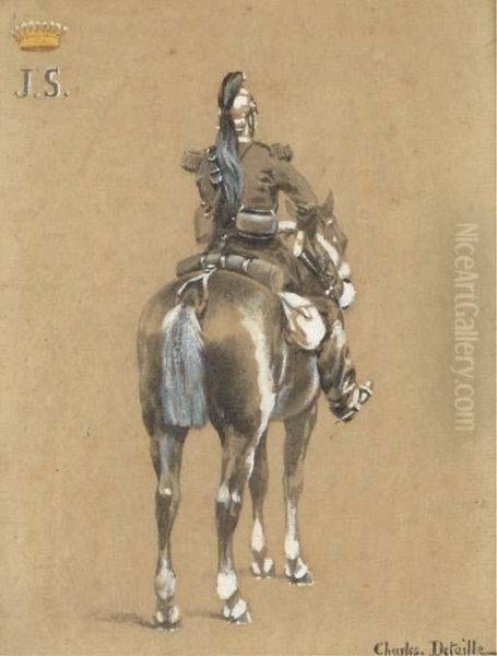 Un Hussard A Cheval De Dos Oil Painting by Charles Jean-Bapt. Detaille