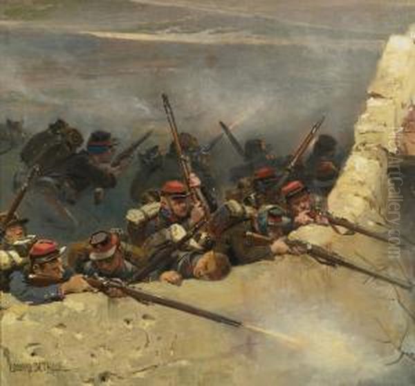 Embusques Derriere Un Mur. Fantassins De La Ligne: A Fragment From The Panorama Of The Battle Of Champigny Oil Painting by Jean Baptiste Edouard Detaille