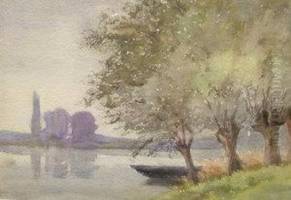 Theresedethan-roullet, 
French -- Tranquil River Scene Oil Painting by Marie Therese Dethan Roullet