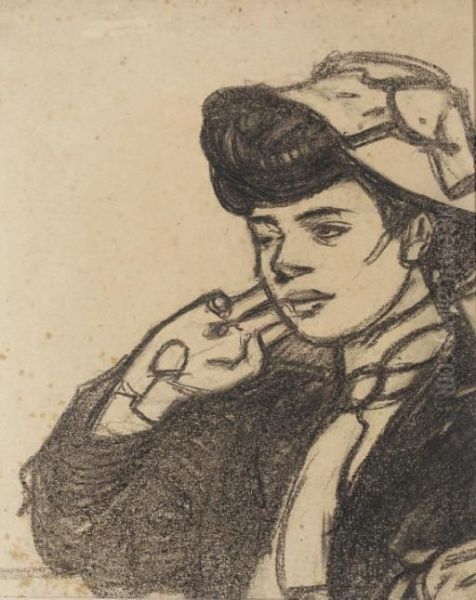 Tete De Jeune Femme Au Chapeau, Vue De Profil Vers La Gauche Oil Painting by Maxime Dethomas