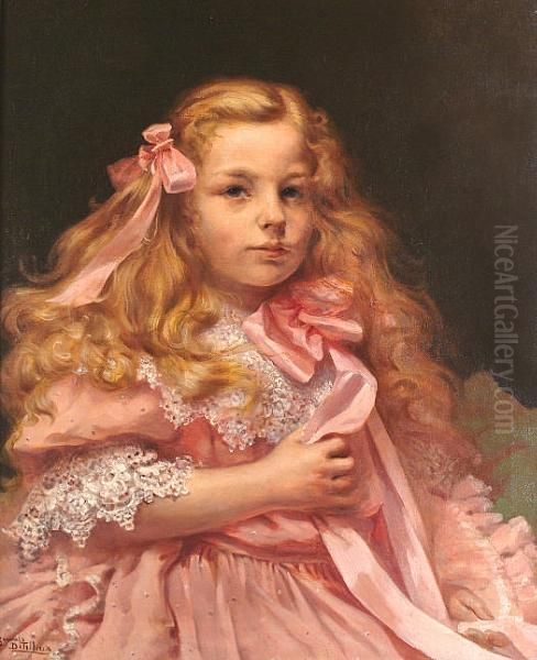 Portrait Of A Young Girl, Half Length, Wearing A Pink Dress With Ribbons In Her Hair. Oil Painting by Servais Detilleux