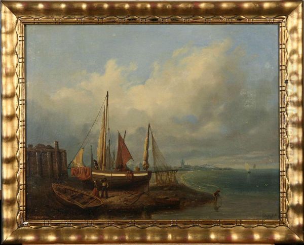 Edouard : Kustlandskap Med Segelfartyg, Signerad Och Daterad , Olja, 50x67, Dubblerad Oil Painting by Carl Eduard Dettloff