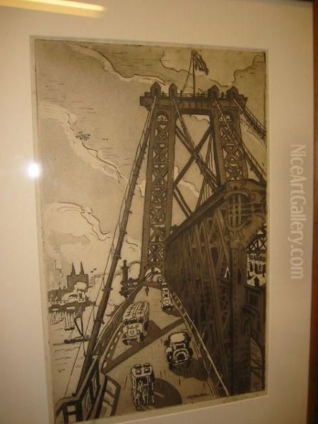 Williamsburg Bridge, July Fourth Oil Painting by Frederick K. Detwiller