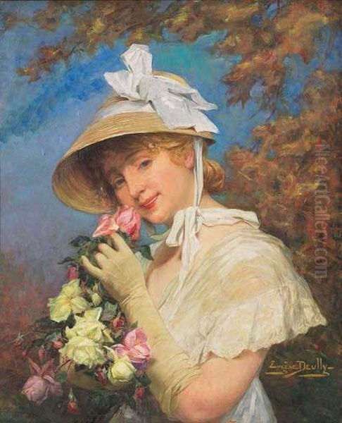 Ragazza Con Mazzo Di Rose Oil Painting by Eugene Deully