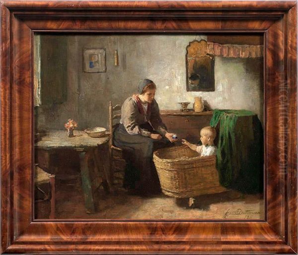 Junge Bauerin Mitihrem Kind In Der Wiege Oil Painting by Frans Deutmann