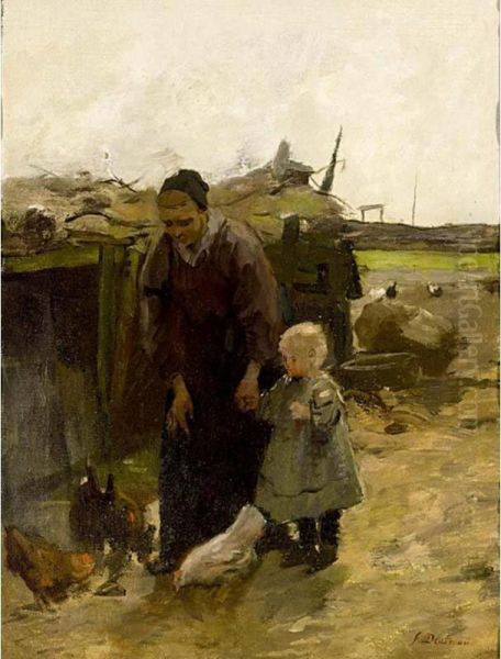 Mother And Child Feeding The Chickens Oil Painting by Frans Deutmann