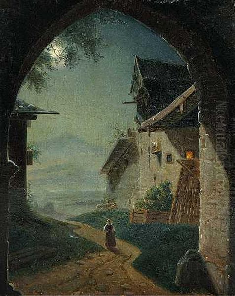 Dorf Im Mondschein Oil Painting by Francois J. Deutsch