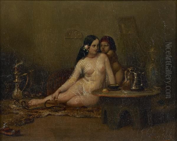 Femme Fumant Un Narguile Dans Un Interieur Oriental Oil Painting by Louis Devedeux