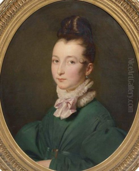 Portrait De Femme En Robe Verte Oil Painting by Achille Jacques Jean Marie Deveria