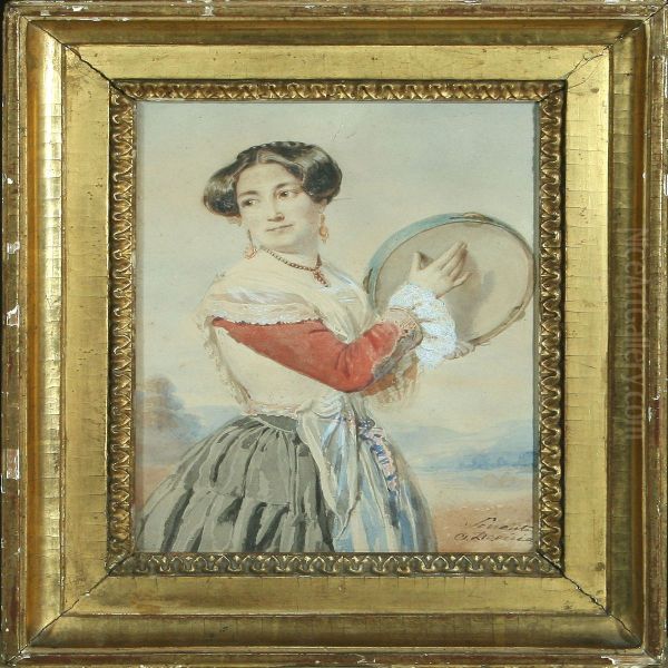 A Gypsy Woman Playing Tambourine Oil Painting by Achille Jacques Jean Marie Deveria