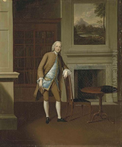 Portrait Of William Trollop, Small Full-length, In A Brown Suit Anda Blue Waistcoat, In An Interior Oil Painting by Arthur Devis