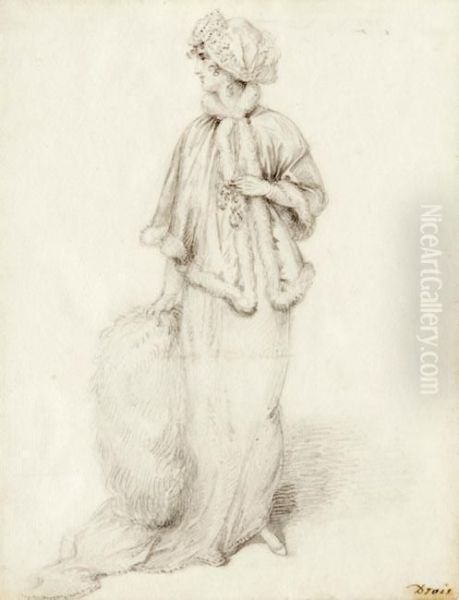 Fashionably Dressed Lady With Muff And Fur-trimmed Costume Oil Painting by Arthur William Devis