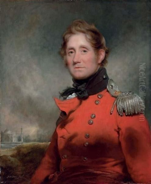 Portrait Of Major John Bradford (1758/59-1841), Half-length, In The Uniform Of The 21st Bengal Native Infantry, With The Taj Mahal Beyond Oil Painting by Arthur William Devis