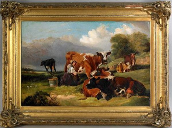 Pastoral Landscape With A Young Woman Milkinga Cow Oil Painting by Francis Daniel Devlan