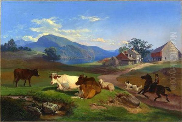 Pennsylvania Farmscene Withriver And Mountains Oil Painting by Francis Daniel Devlan