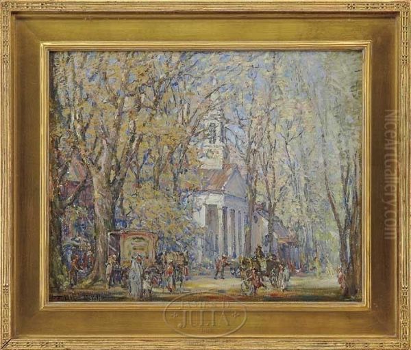 Street Activity Near Church, New England Oil Painting by Frederick Usher Devoll