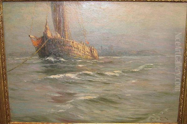 Bateau De Peche Ancre Oil Painting by Albert Isidore Devos