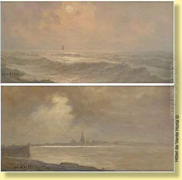 Coucher De Soleil Sur La Mer Du Nord Oil Painting by Albert Isidore Devos