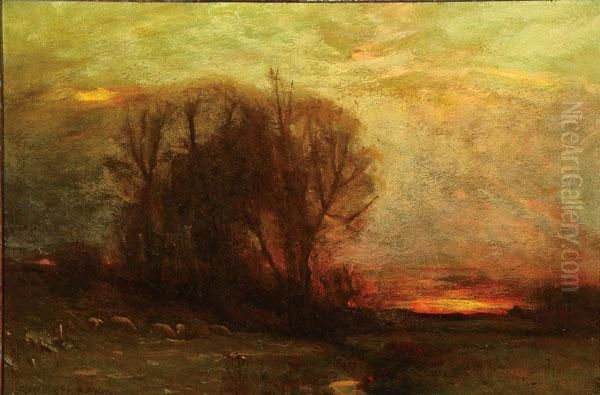 Dusk Landscape With Grazing Sheep Oil Painting by Charles Melville Dewey