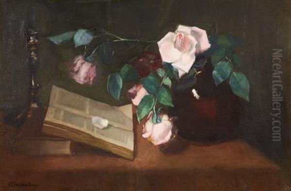 Still Life Withroses, Books And A Candlestick Oil Painting by Julia Henshaw Dewey