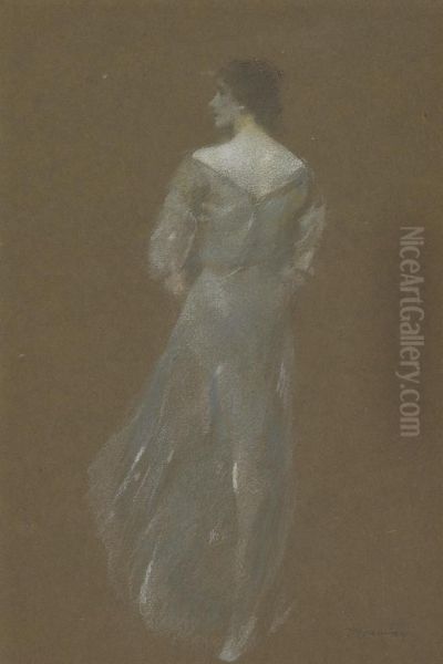 Woman In Blue Dress Oil Painting by Thomas Wilmer Dewing