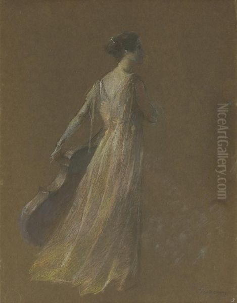 Lady Standing Holding A Cello Oil Painting by Thomas Wilmer Dewing