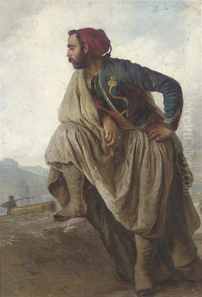 French Tirailleur Algerien Standing On The City Battlements Oil Painting by Virgile Dhuicq