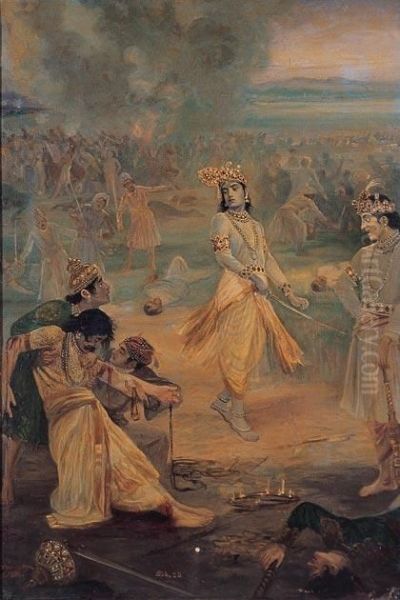 Battle Scene From The Mahabharata Oil Painting by Mahadev Vishvanath Dhurandhar