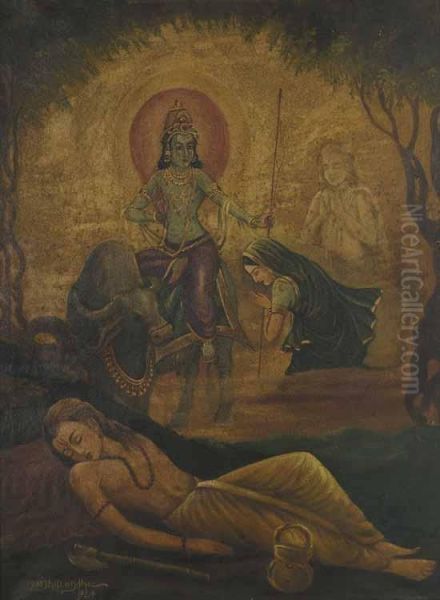 Savitri, Satyavan& Yama Oil Painting by Mahadev Vishvanath Dhurandhar