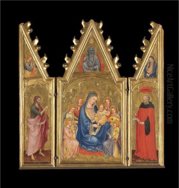 A Triptych:
Central Panel: The Madonna And Child With Music-making Angels, Godthe Father Above
Left Wing: Saint John The Baptist In A Pink Cloak, The Angel Of Theannunciation Above
Right Wing: Saint Jerome In Cardinal's Robes, The Virgin Annunciateabove Oil Painting by Taddeo Di Bartolo