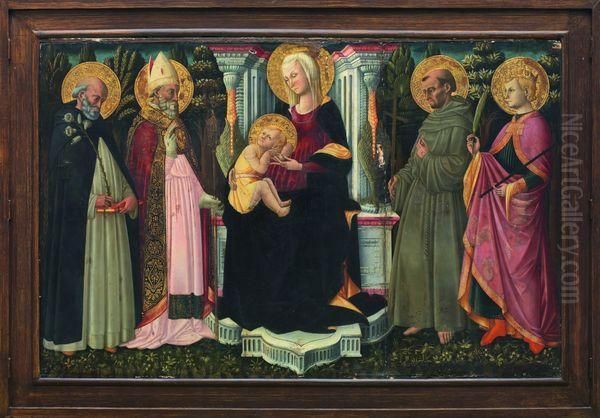 La Vierge A L'enfant Sur Un Trone Entoure Des Saint Dominique Et Saint Zenobe A Gauche, Saint Francois D'assise Et Saint Miniato A Droite. Oil Painting by Bicci Di Neri