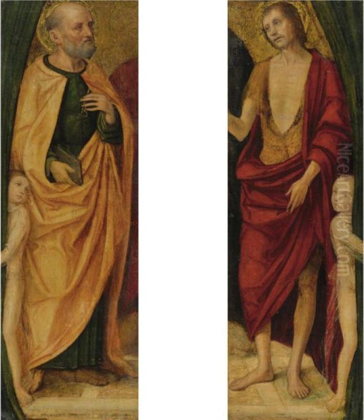 Saint Peter And An Attendant Page; Saint John The Baptist And Anattendant Page Oil Painting by Ambrogio Stefano Di Borgognone