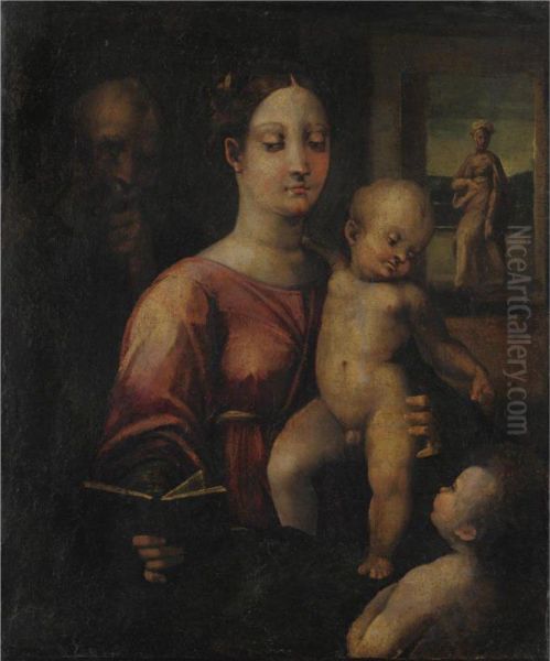 Sacra Famiglia Con San Giovannino E Santa Elisabetta Oil Painting by Jacopo di Cione