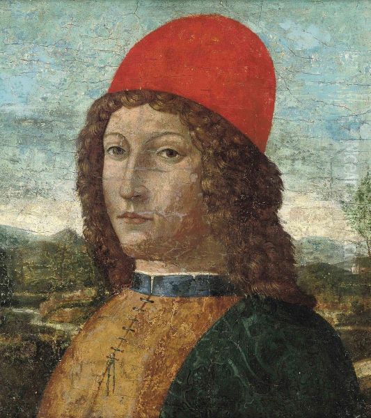 Portrait Of A Gentleman, Bust-length, In A Red Hat, A Landscapebeyond Oil Painting by Lorenzo Di Credi