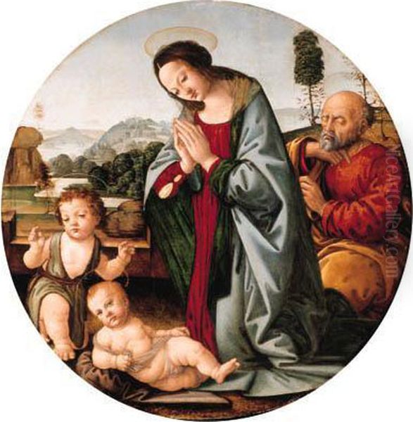 The Holy Family With The Infant Saint John The Baptist, A Riverlandscape Beyond Oil Painting by Lorenzo Di Credi