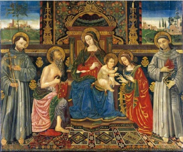 The Madonna And Child Enthroned With Saints Francis, Jerome, Catherine And Anthony Oil Painting by Francesco Di Gabriele