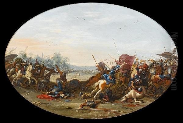 A Cavalry Battle Oil Painting by Marzio Colantonio Di Ganassini