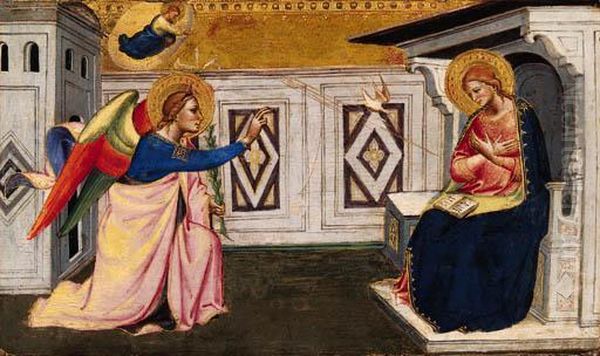 The Annunciation: A Panel From A Predella Oil Painting by Niccolo di Pietro Gerini