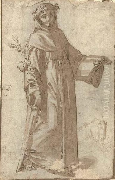 A Dominican Saint With Subsidiary Studies Of A Landscape And A Face Oil Painting by Ridolfi Domenico Di Ghirlandaio