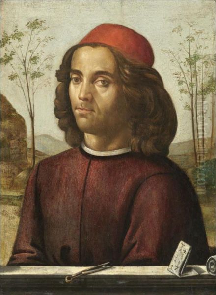 Portrait Of A Gentleman, Head And Shoulders, Wearing A Crimson Tunic, With A Pair Of Dividers On A Stone Ledge Oil Painting by Ridolfi Domenico Di Ghirlandaio