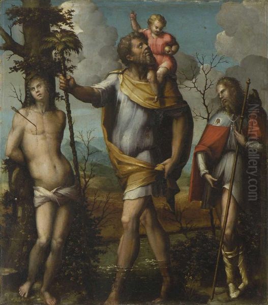 Hl. Christophorus, Flankiert Von Den Hll. Sebastian Und Rochus Oil Painting by Giorgio Di Giovanni