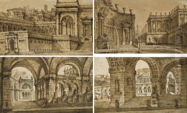 Four Studies For Stage Designs Oil Painting by Pietro Gonzaga