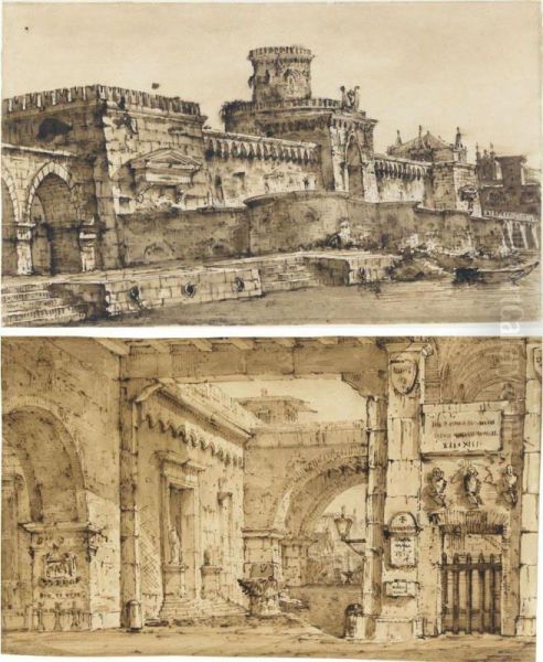 A Pair Of Stage Designs: A Courtyard With Walls Bearing Plaques, Busts And Other Motifs, And A Crenellated Fort With A Canal In The Foreground Oil Painting by Pietro Gonzaga