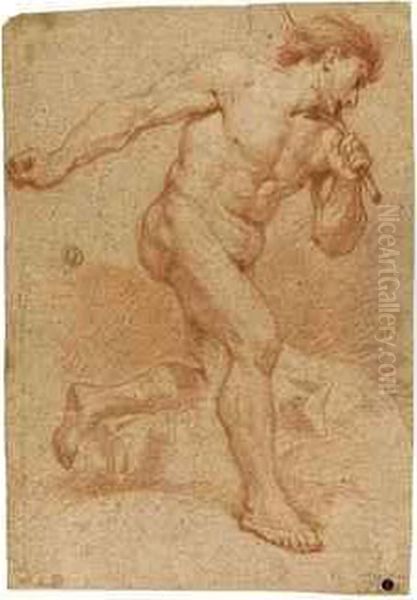 An Academic Male Nude Holding A Rod To His Left Shoulder by Andrea Di Lione