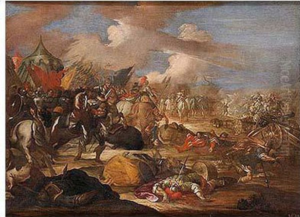 Batalla Entre Filisteos E Israelitas Con El Suicidio De Saul Oil Painting by Andrea Di Lione