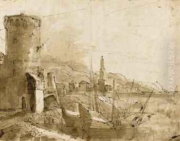 View Of A Harbour With A Tower Oil Painting by Theodoro Filippo Di Liagno